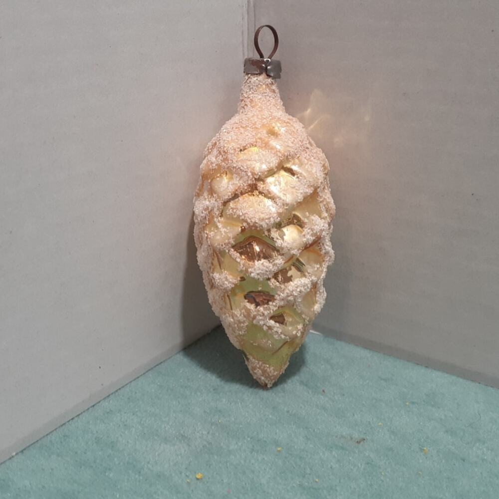 Vintage Glass Christmas Ornament Gold Tone Pine Cone White Mica